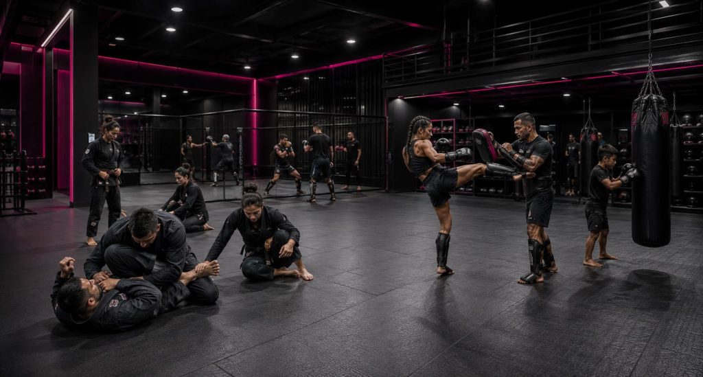 Martial artists training across different disciplines and experience levels